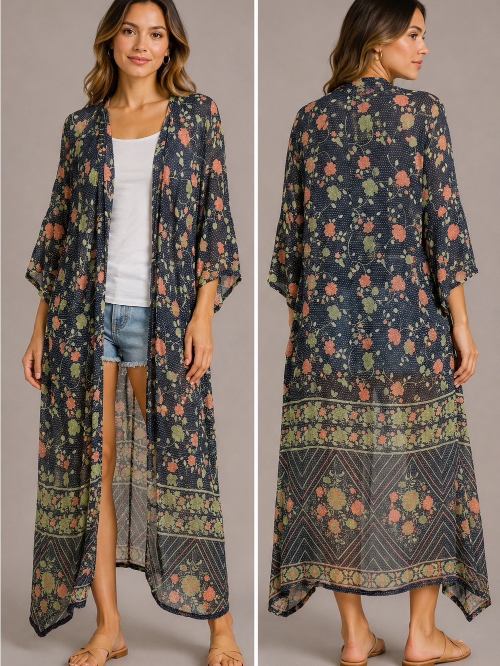 Free People Floral Border Long Kimono Duster 🌼 🌊
